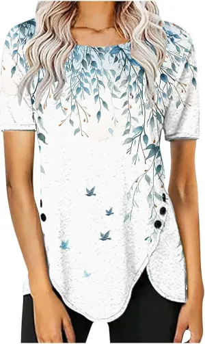 Women 2024 Short Sleeve Summer Shirts Floral Print Fitted Causal Tshirts Boho Blouses Tunics Dressy Trendy Clothes