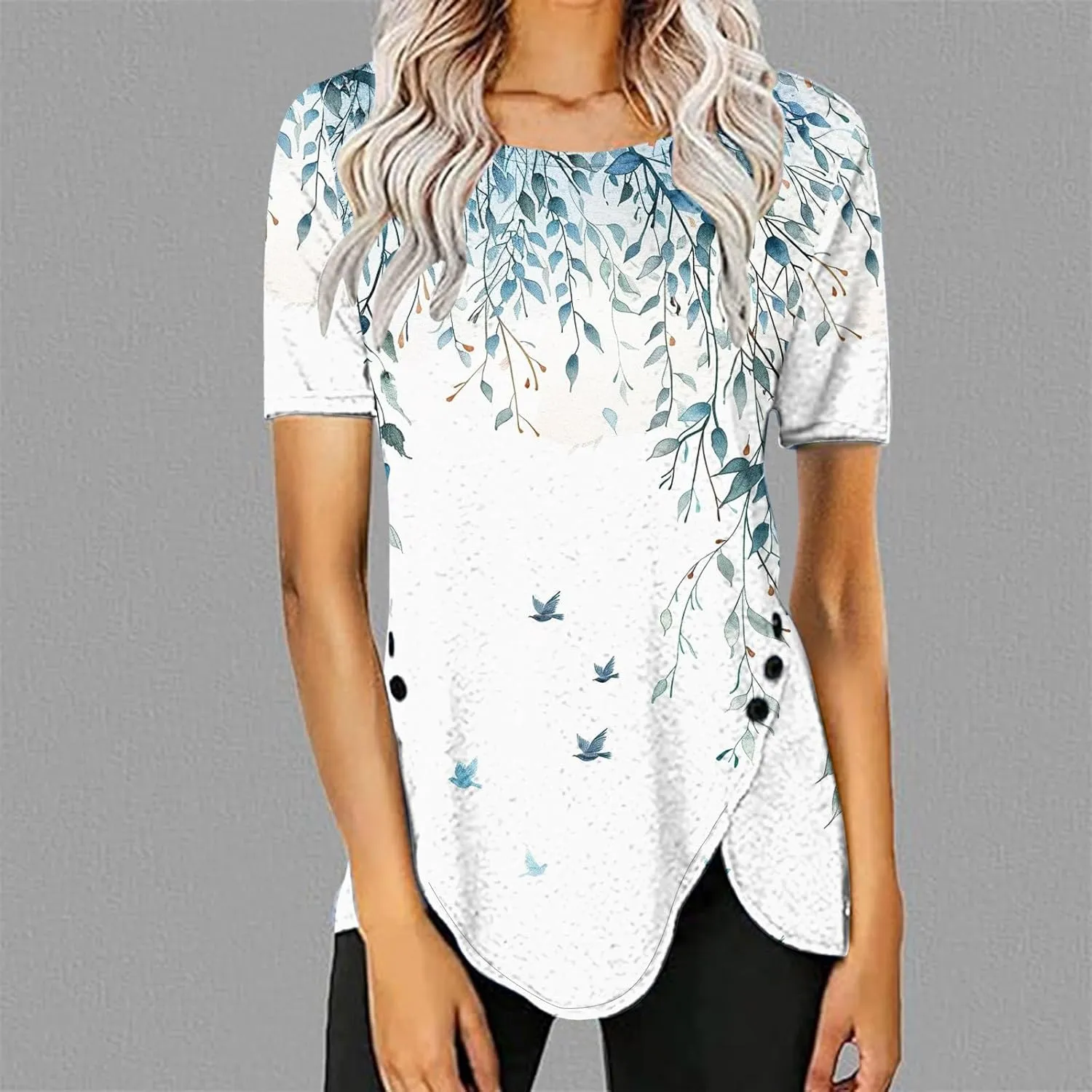Women 2024 Short Sleeve Summer Shirts Floral Print Fitted Causal Tshirts Boho Blouses Tunics Dressy Trendy Clothes