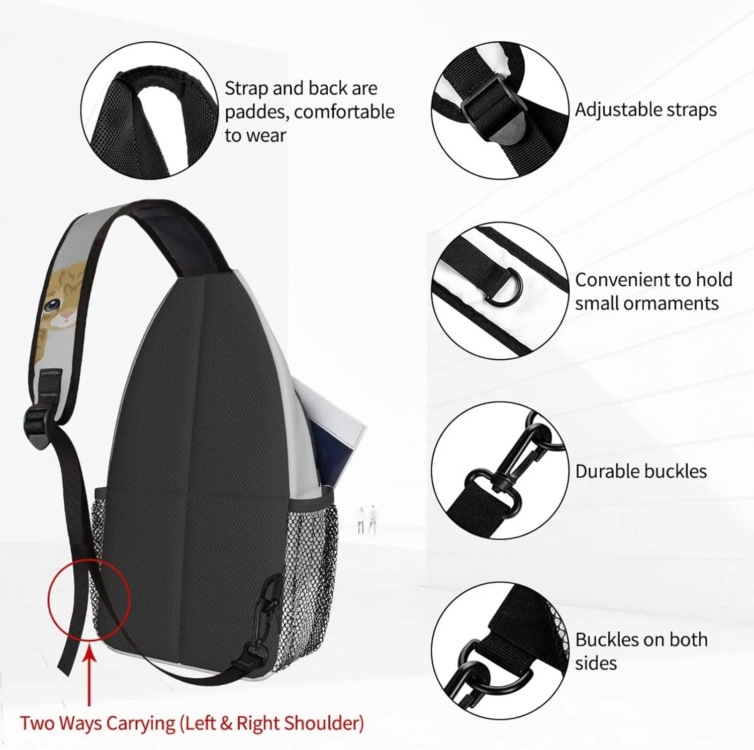 Women British Short Hair Kitty Crossbody Sling Backpack for Men Chest Bag Shoulder Bag Lightweight One Strap Backpack Travel Outdoor Daypack