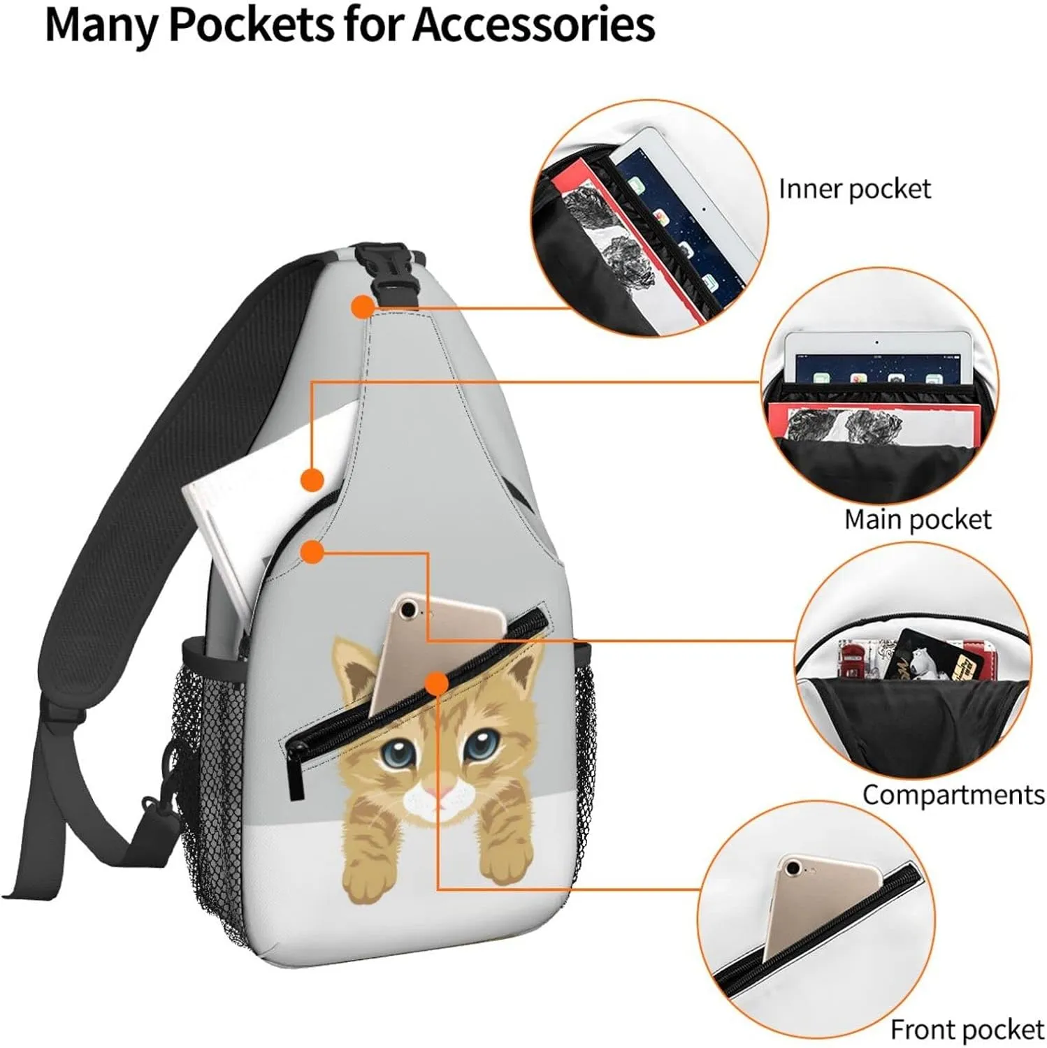 Women British Short Hair Kitty Crossbody Sling Backpack for Men Chest Bag Shoulder Bag Lightweight One Strap Backpack Travel Outdoor Daypack