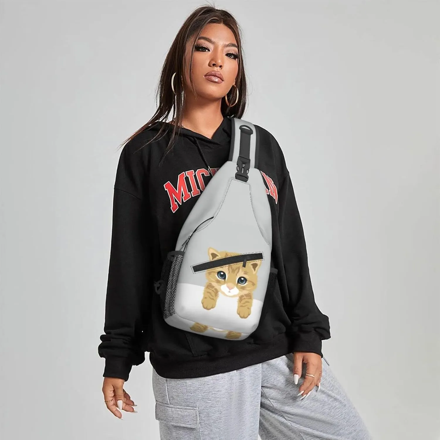 Women British Short Hair Kitty Crossbody Sling Backpack for Men Chest Bag Shoulder Bag Lightweight One Strap Backpack Travel Outdoor Daypack