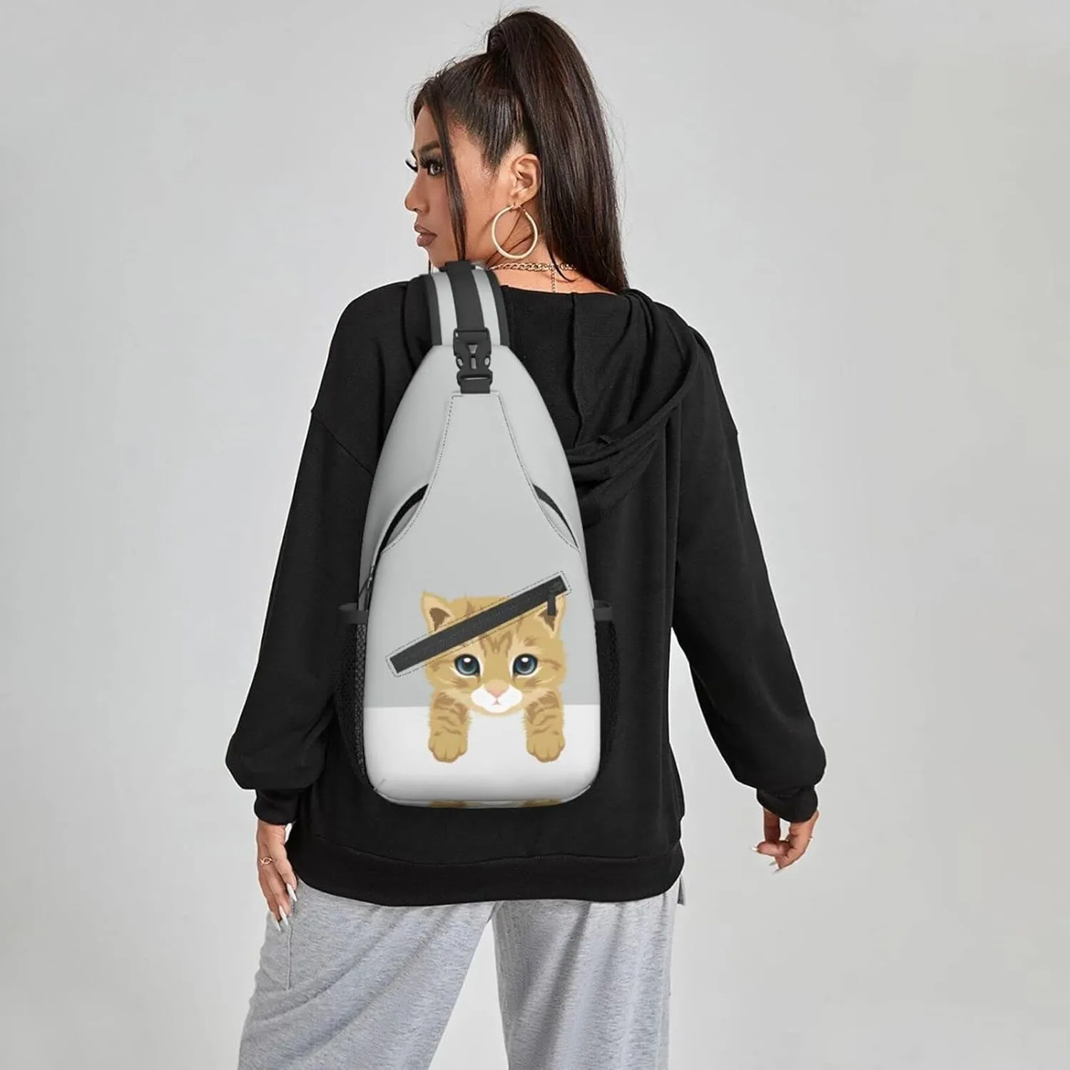Women British Short Hair Kitty Crossbody Sling Backpack for Men Chest Bag Shoulder Bag Lightweight One Strap Backpack Travel Outdoor Daypack