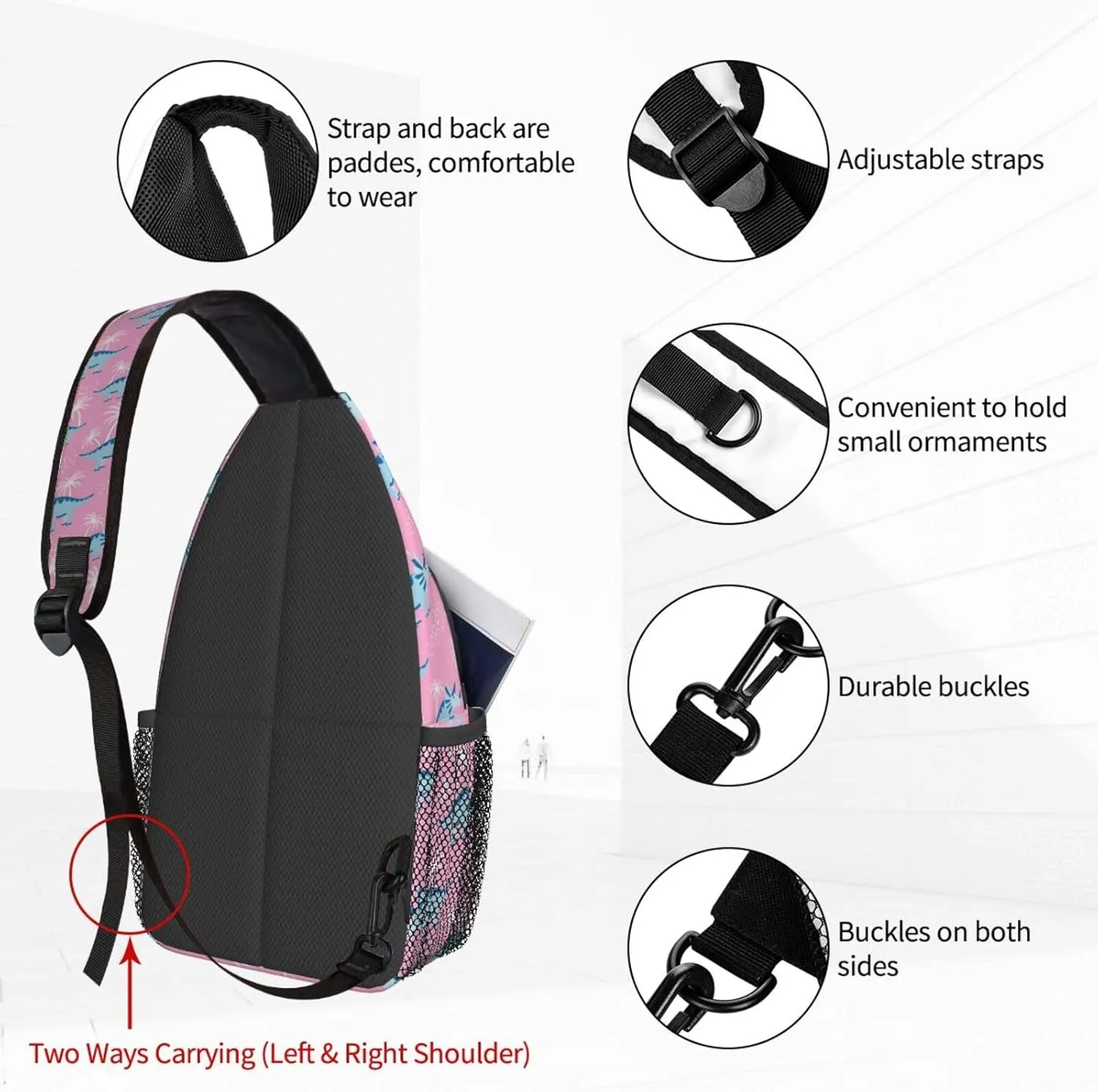 Women Cartoon Blue Dinosaurs Palm Crossbody Sling Backpack for Men Chest Bag Shoulder Bag Lightweight One Strap Backpack Travel Outdoor Daypack