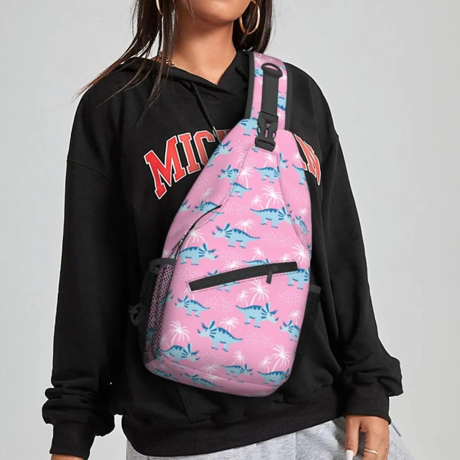 Women Cartoon Blue Dinosaurs Palm Crossbody Sling Backpack for Men Chest Bag Shoulder Bag Lightweight One Strap Backpack Travel Outdoor Daypack