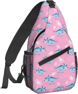 Women Cartoon Blue Dinosaurs Palm Crossbody Sling Backpack for Men Chest Bag Shoulder Bag Lightweight One Strap Backpack Travel Outdoor Daypack