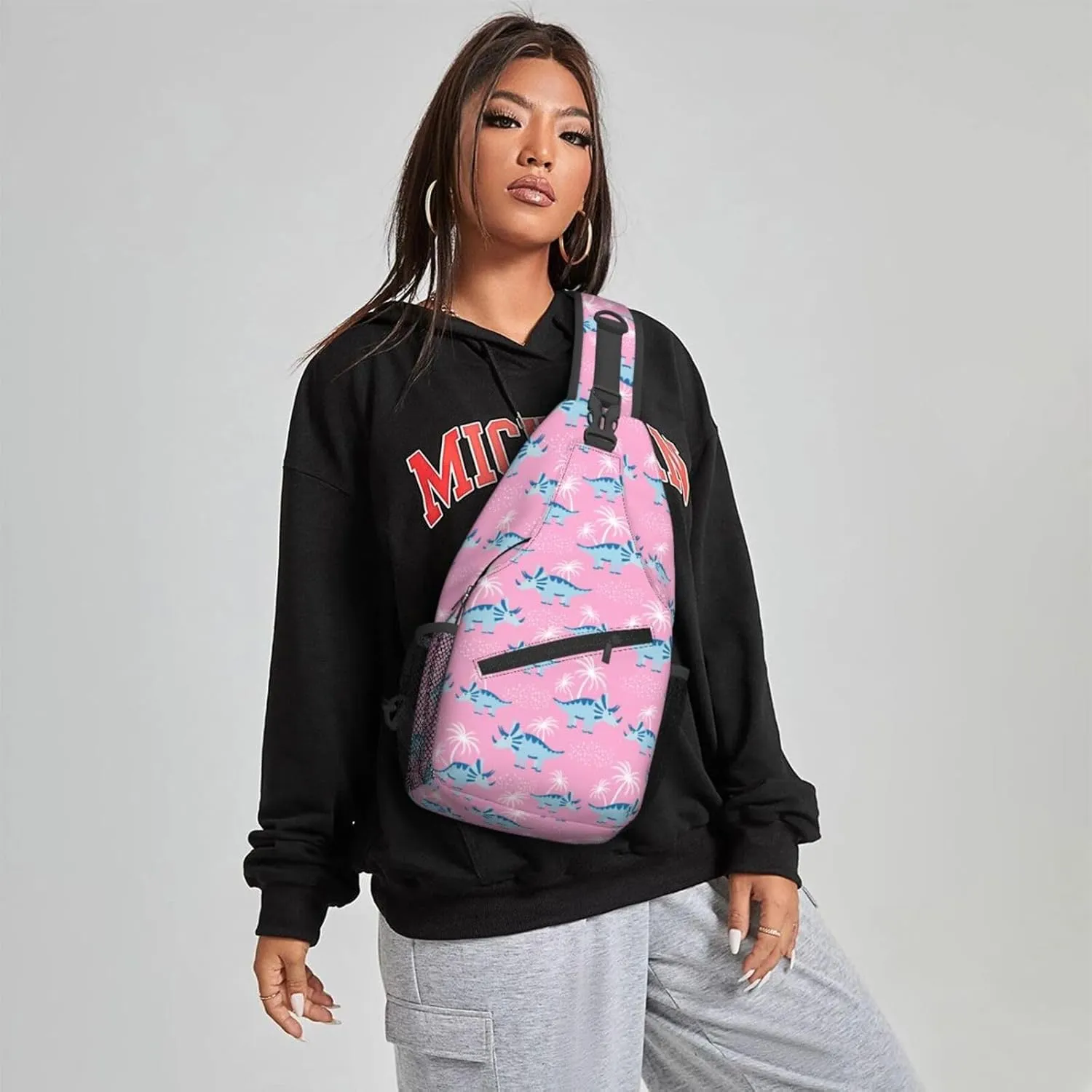 Women Cartoon Blue Dinosaurs Palm Crossbody Sling Backpack for Men Chest Bag Shoulder Bag Lightweight One Strap Backpack Travel Outdoor Daypack