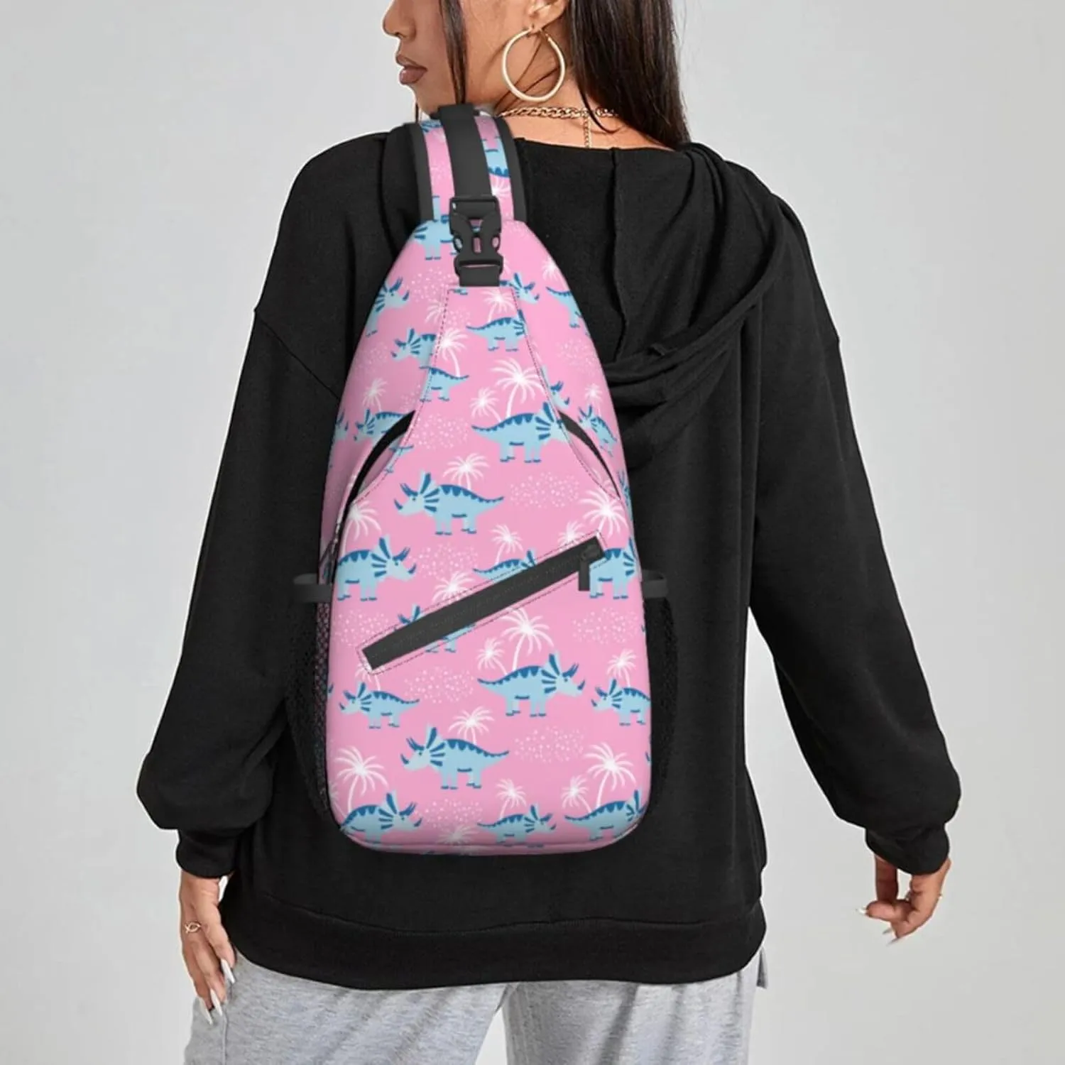 Women Cartoon Blue Dinosaurs Palm Crossbody Sling Backpack for Men Chest Bag Shoulder Bag Lightweight One Strap Backpack Travel Outdoor Daypack