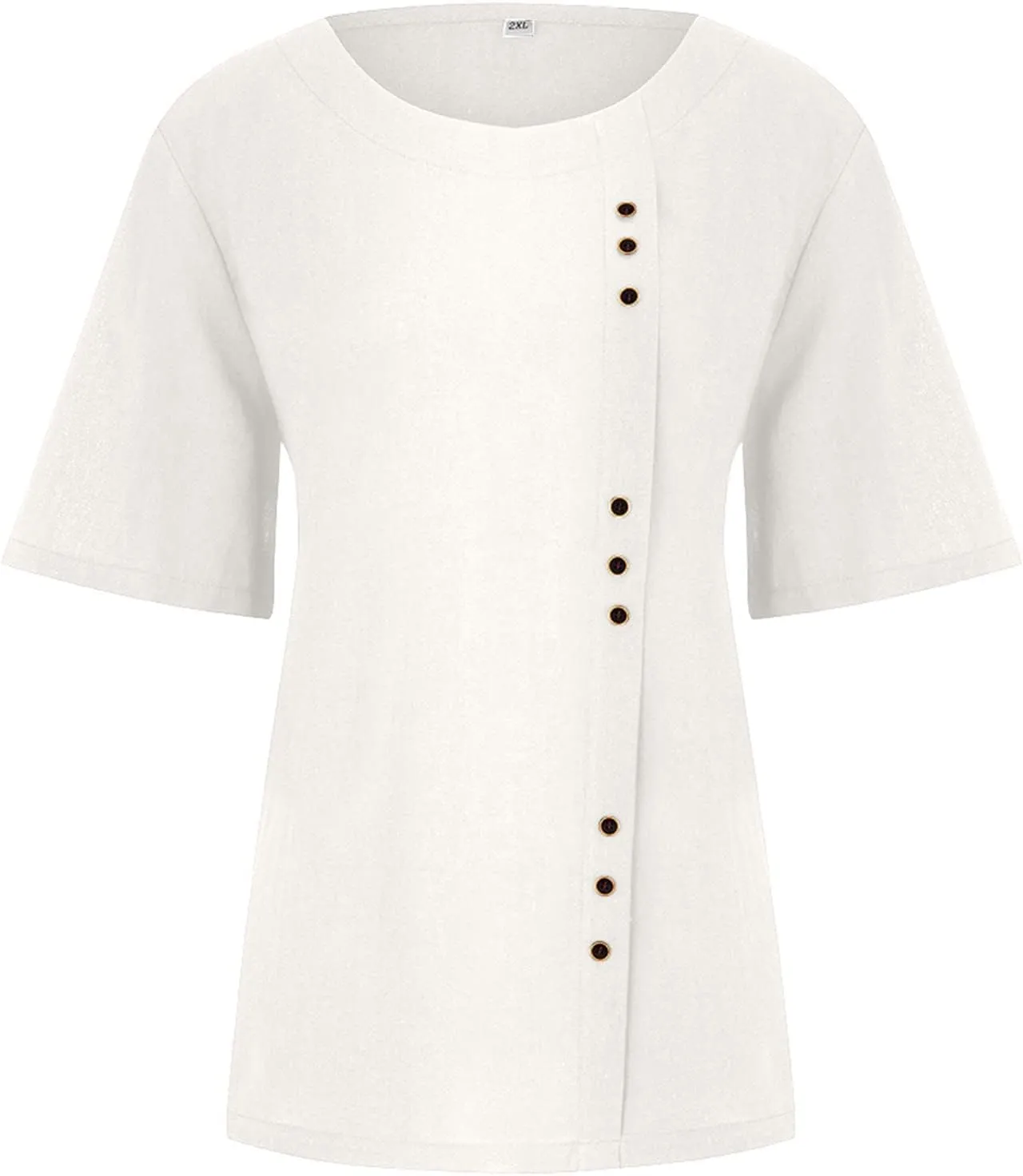 Women Casual Floral Printed Short Sleeve Crewneck Blouse Summer Loose Fit Pullover Tops Graphic Button Design Shirts