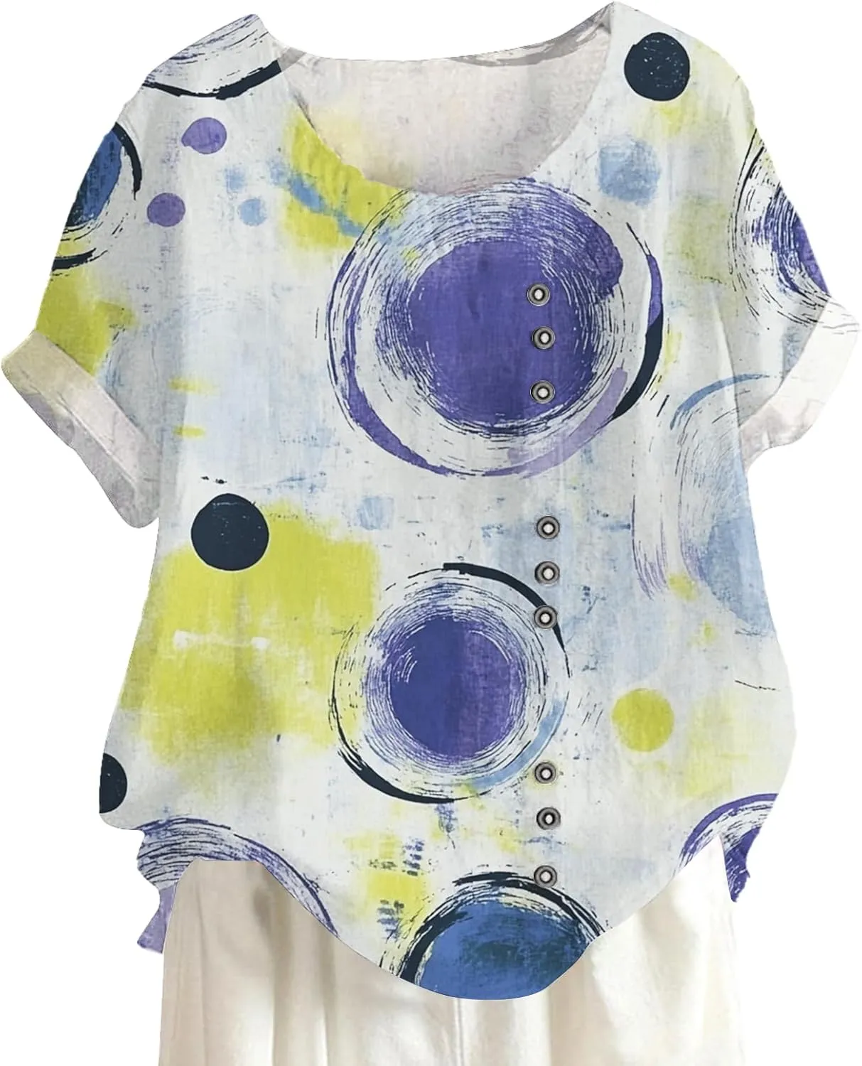 Women Casual Floral Printed Short Sleeve Crewneck Blouse Summer Loose Fit Pullover Tops Graphic Button Design Shirts