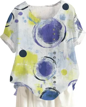 Women Casual Floral Printed Short Sleeve Crewneck Blouse Summer Loose Fit Pullover Tops Graphic Button Design Shirts