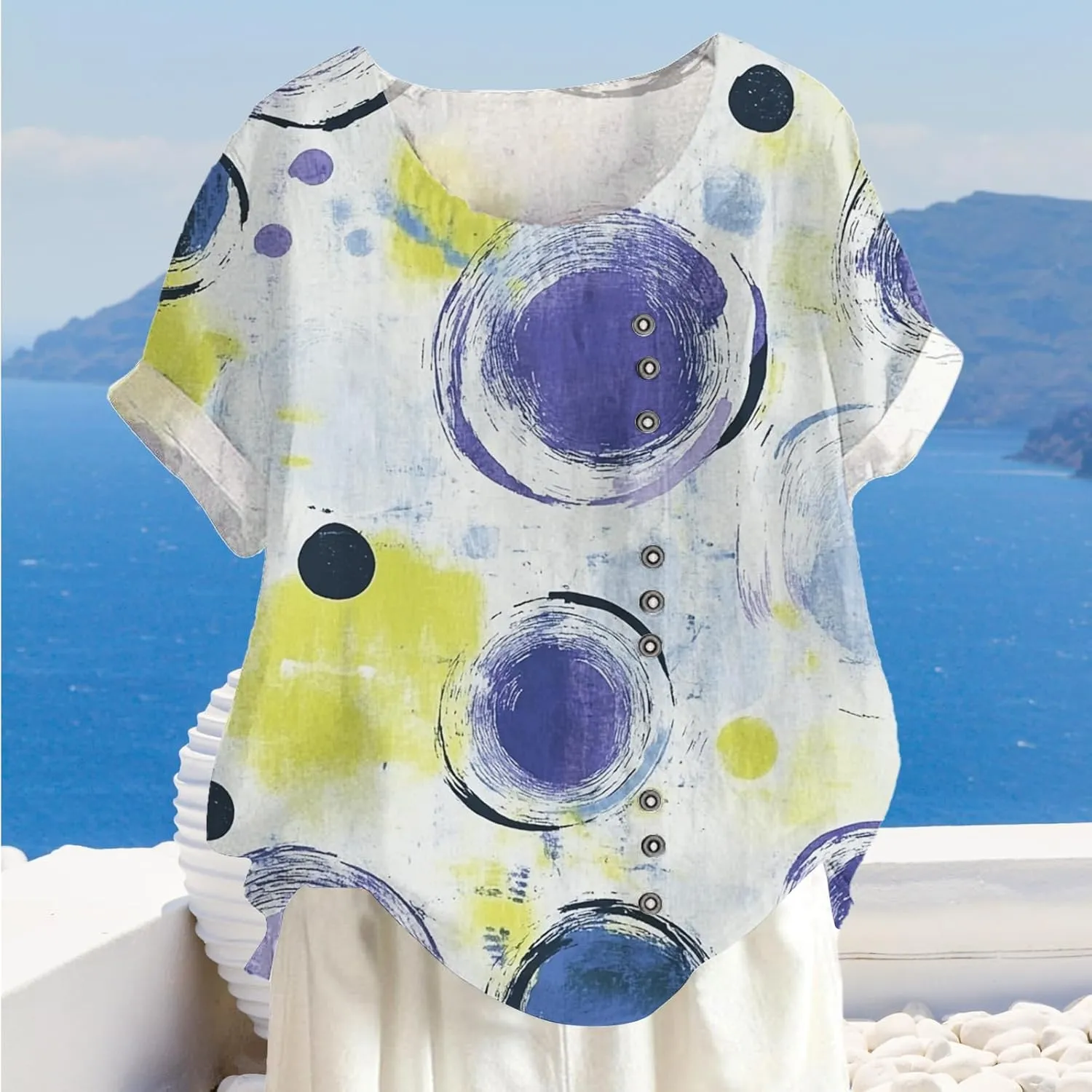 Women Casual Floral Printed Short Sleeve Crewneck Blouse Summer Loose Fit Pullover Tops Graphic Button Design Shirts