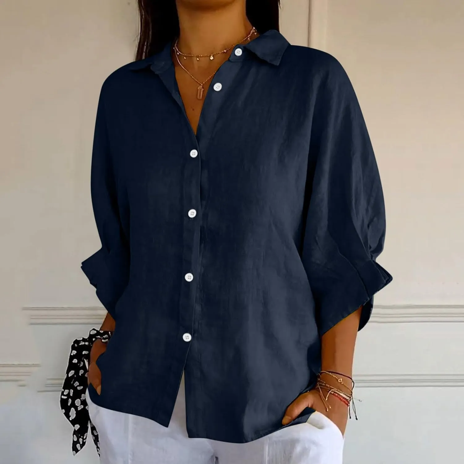 Women Casual Half Sleeve Button Down Shirts Summer Solid Casual Cotton Linen Tops Tie Back Design Fashion T Shirt