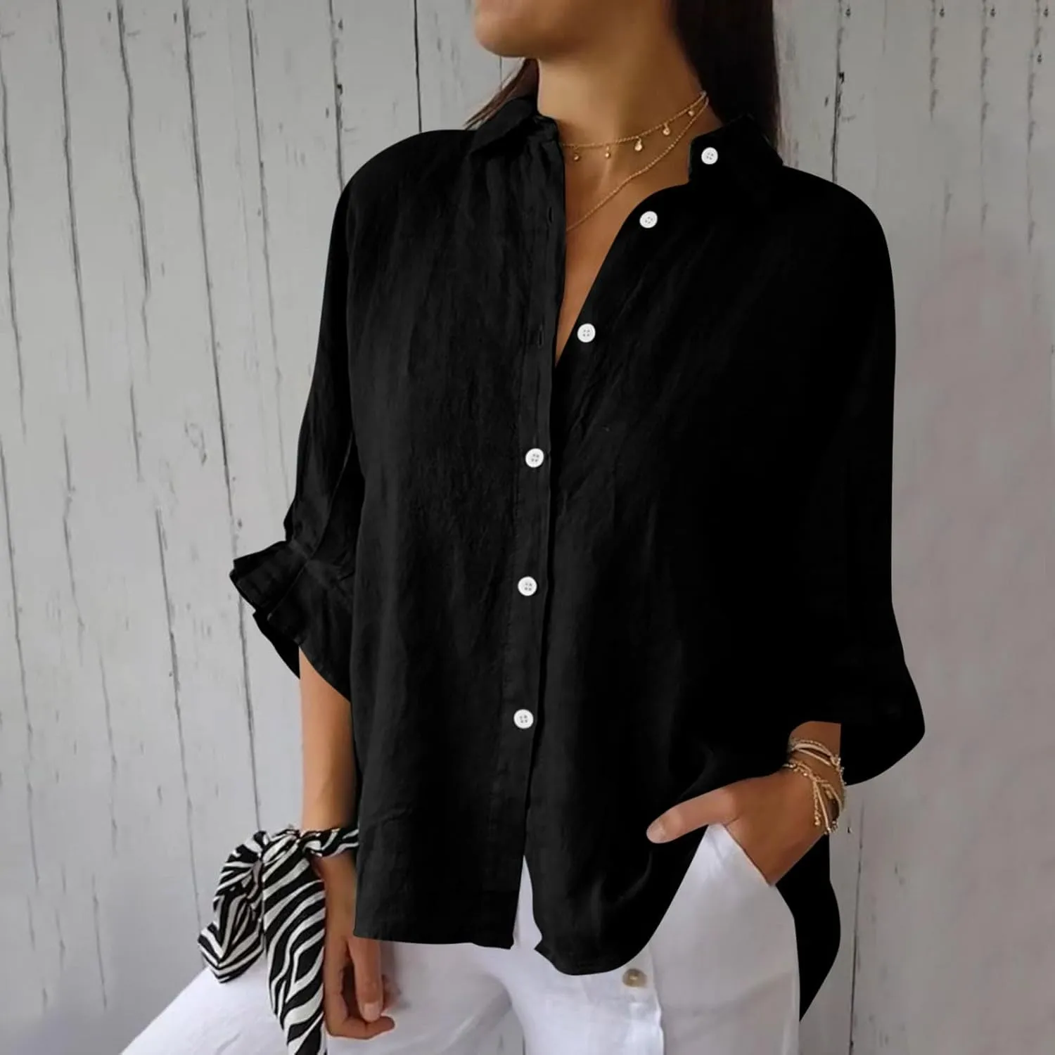 Women Casual Half Sleeve Button Down Shirts Summer Solid Casual Cotton Linen Tops Tie Back Design Fashion T Shirt