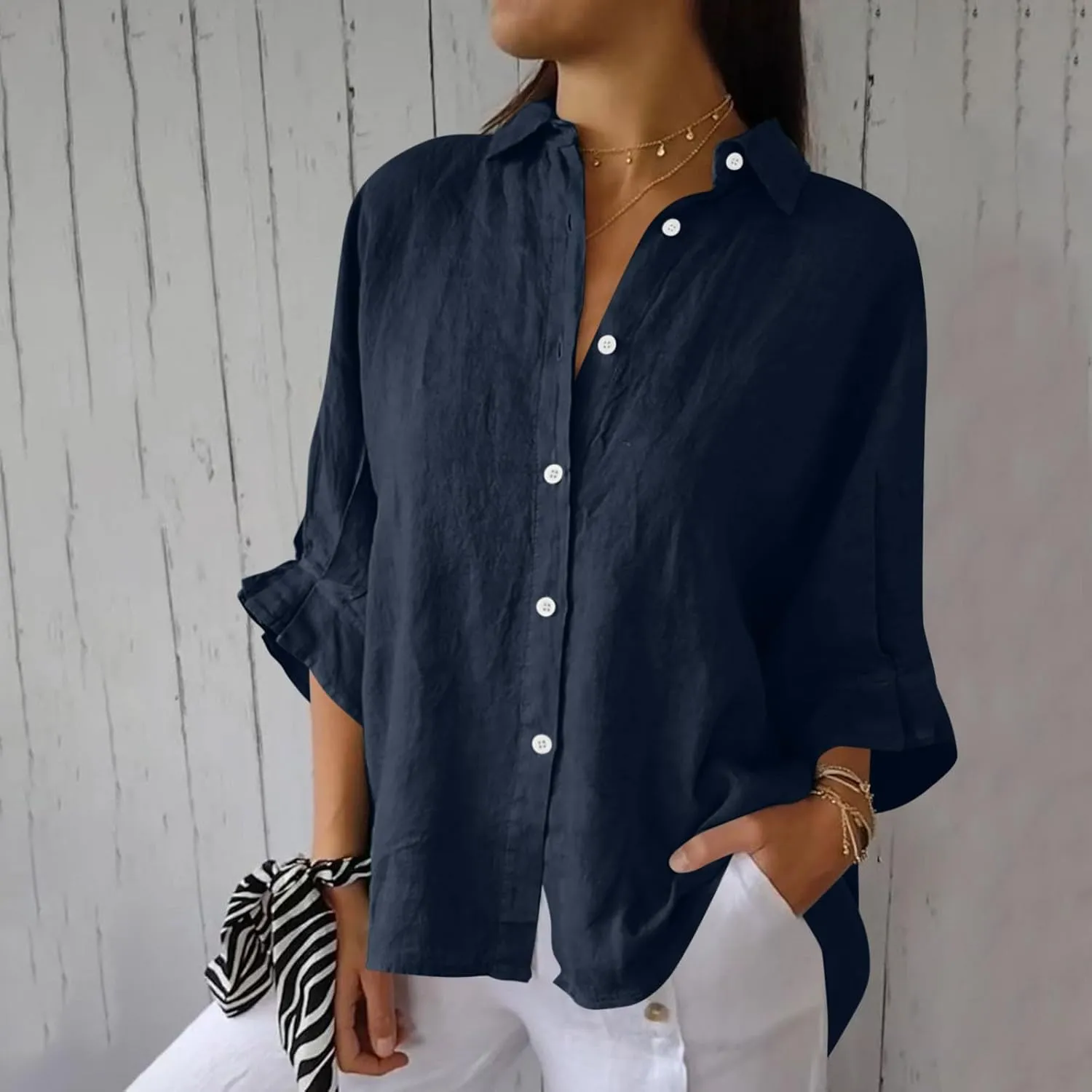 Women Casual Half Sleeve Button Down Shirts Summer Solid Casual Cotton Linen Tops Tie Back Design Fashion T Shirt