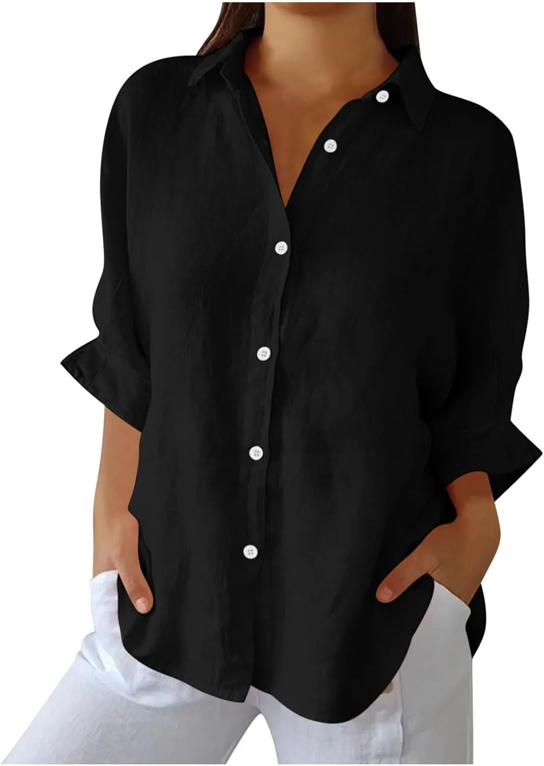 Women Casual Half Sleeve Button Down Shirts Summer Solid Casual Cotton Linen Tops Tie Back Design Fashion T Shirt