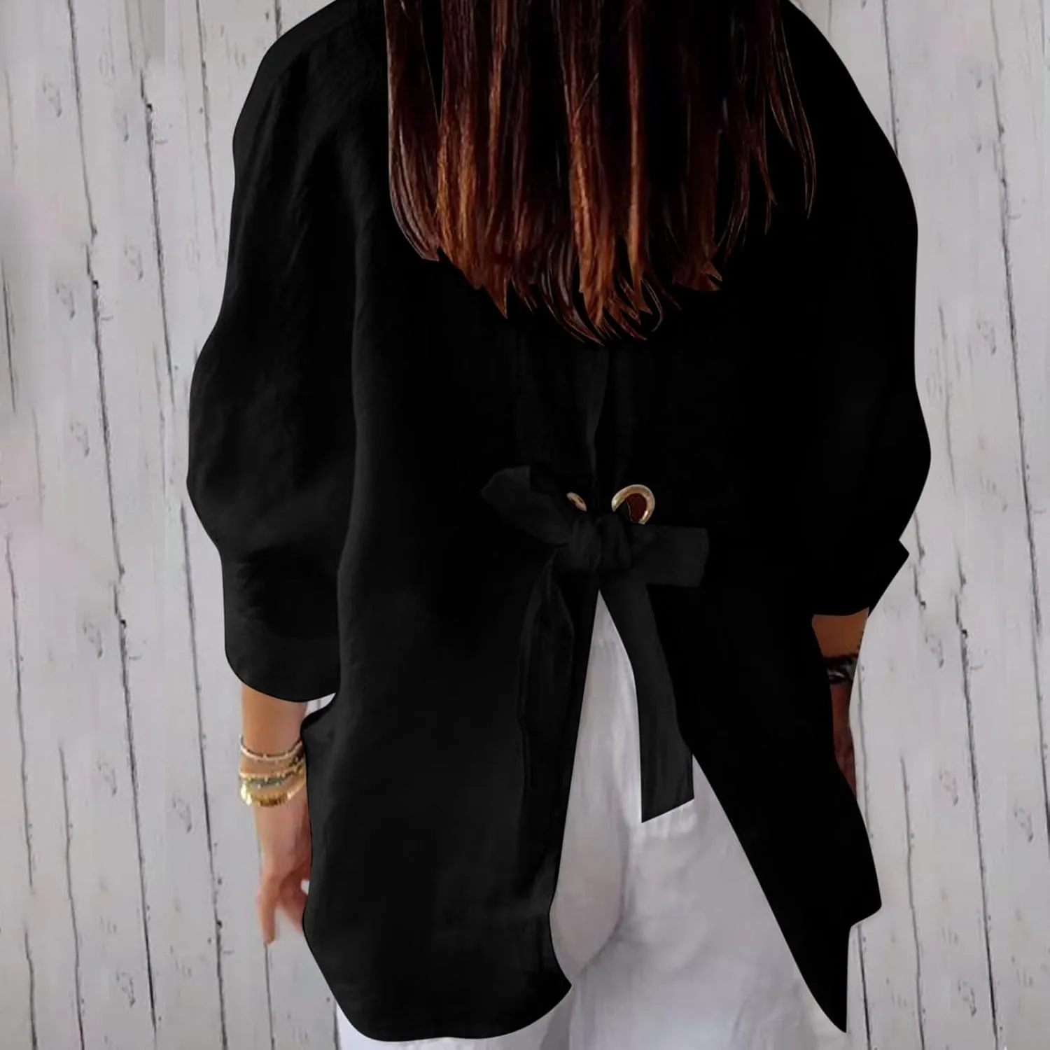 Women Casual Half Sleeve Button Down Shirts Summer Solid Casual Cotton Linen Tops Tie Back Design Fashion T Shirt
