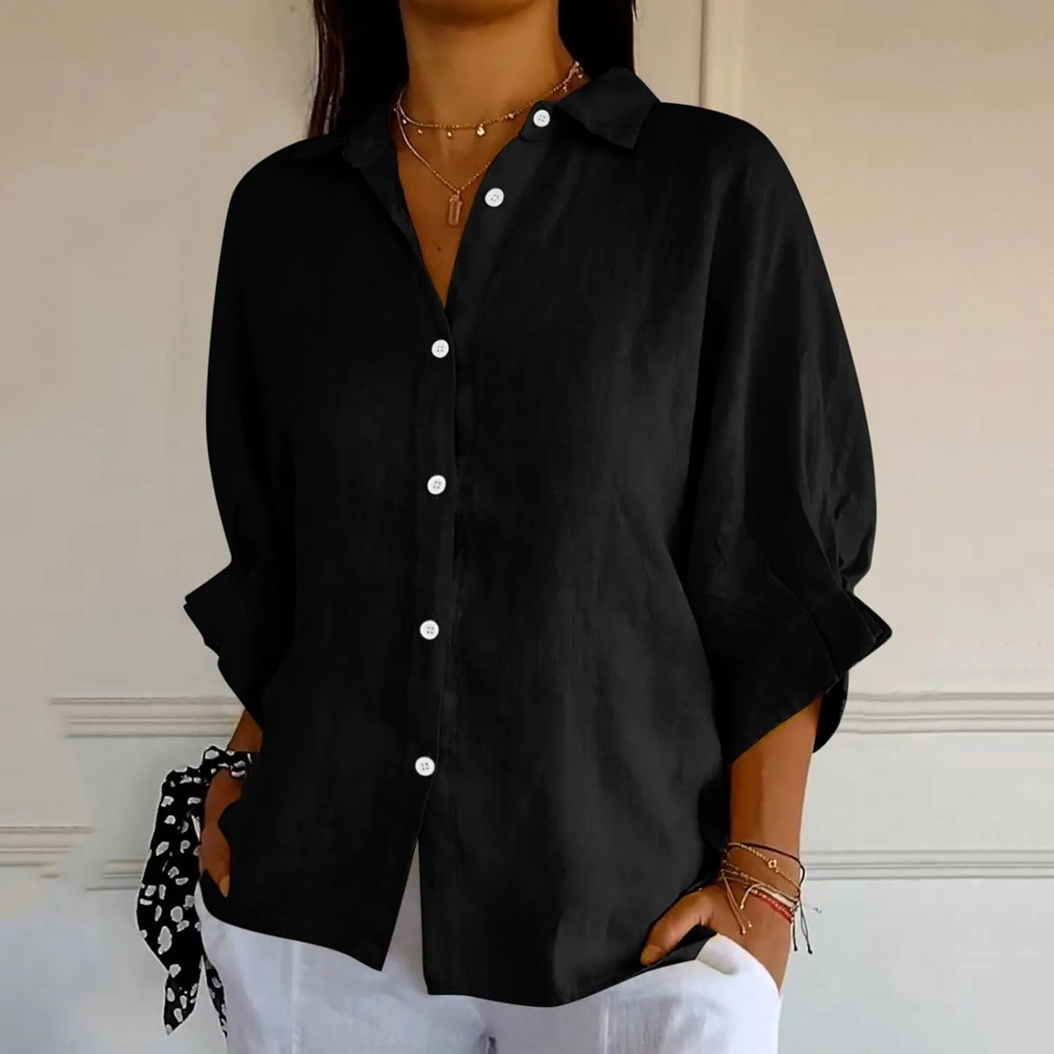 Women Casual Half Sleeve Button Down Shirts Summer Solid Casual Cotton Linen Tops Tie Back Design Fashion T Shirt