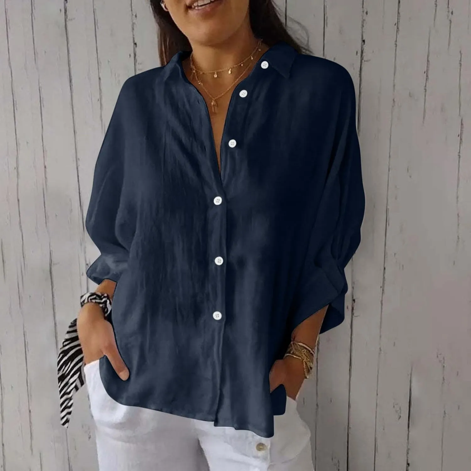 Women Casual Half Sleeve Button Down Shirts Summer Solid Casual Cotton Linen Tops Tie Back Design Fashion T Shirt