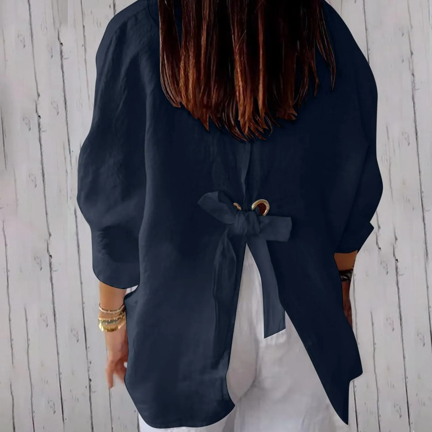 Women Casual Half Sleeve Button Down Shirts Summer Solid Casual Cotton Linen Tops Tie Back Design Fashion T Shirt