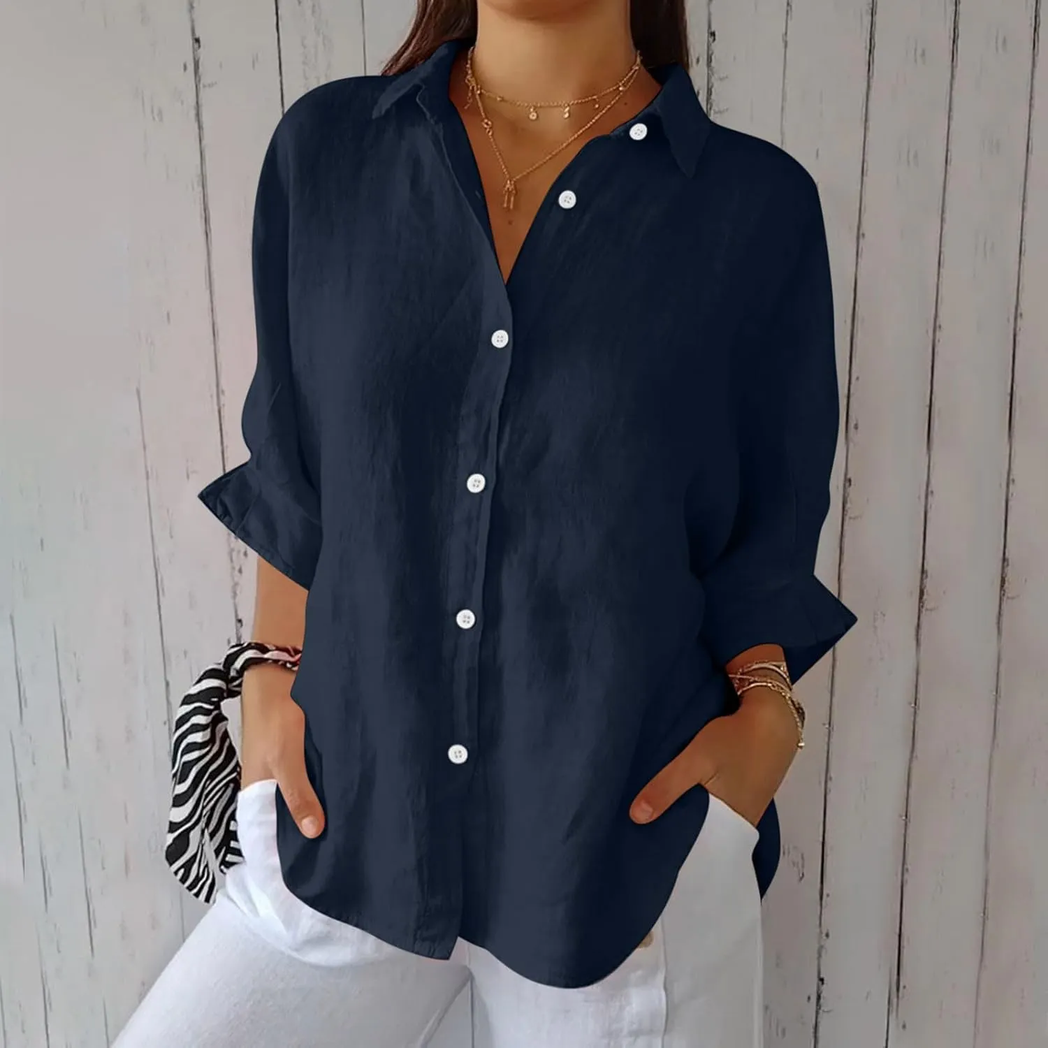 Women Casual Half Sleeve Button Down Shirts Summer Solid Casual Cotton Linen Tops Tie Back Design Fashion T Shirt