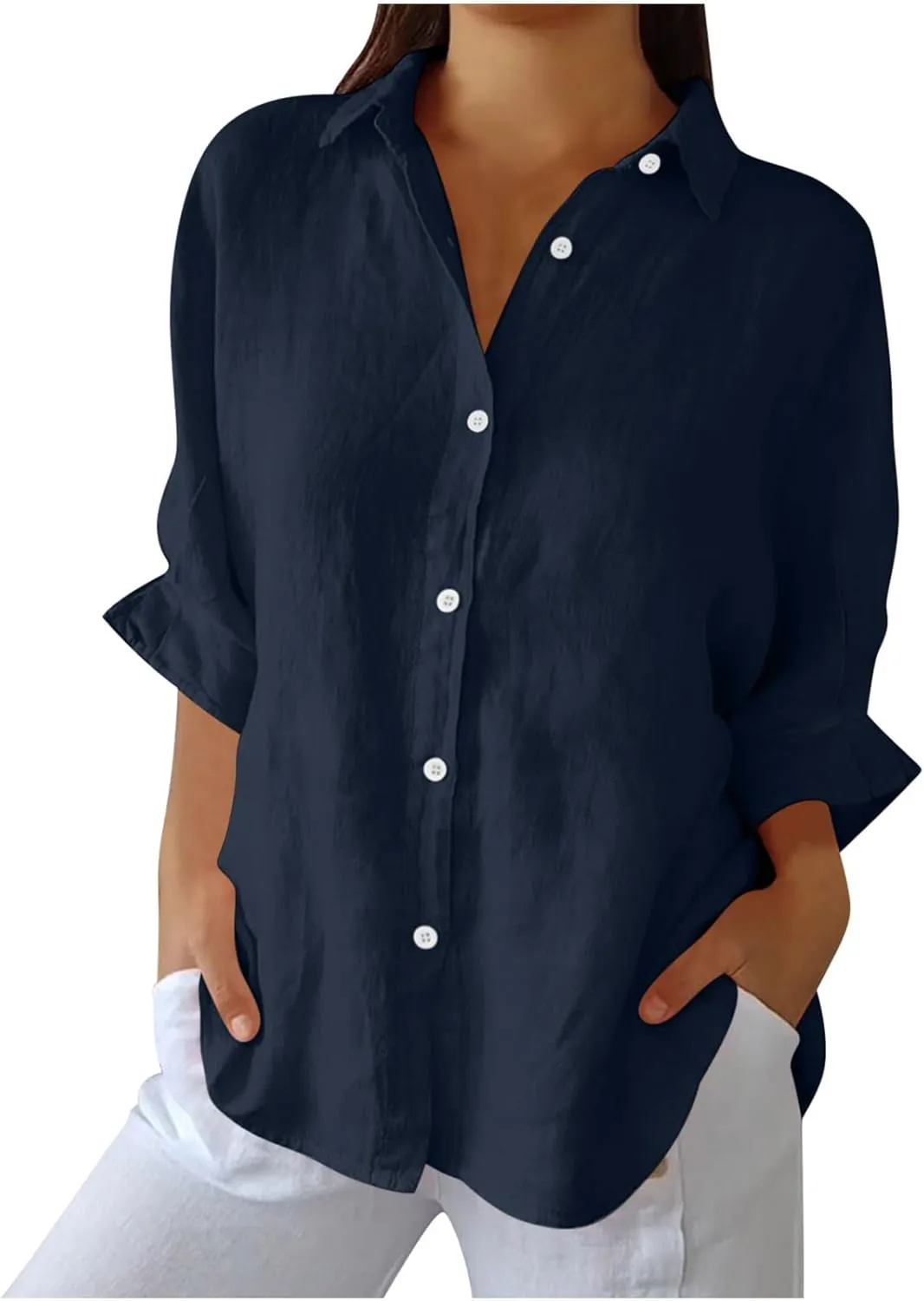 Women Casual Half Sleeve Button Down Shirts Summer Solid Casual Cotton Linen Tops Tie Back Design Fashion T Shirt