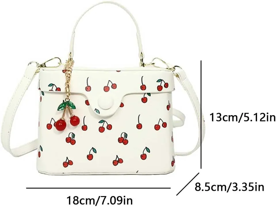 Women Casual Shoulder Bag Cherry Printed Trendy Crossbody Bag Contrast Color Cute Square Bag Travel Shopping Work Bag
