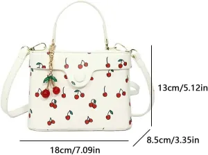 Women Casual Shoulder Bag Cherry Printed Trendy Crossbody Bag Contrast Color Cute Square Bag Travel Shopping Work Bag