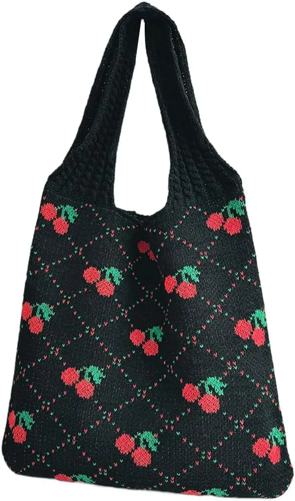 Women Crochet Tote Handbag Cherry Printed Knitting Shoulder Bag Contrast Color Travel Shopping Handbag Ladies Daily