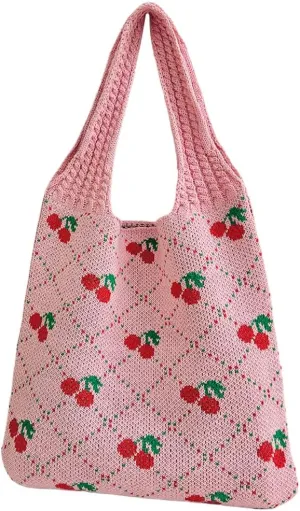 Women Crochet Tote Handbag Cherry Printed Knitting Shoulder Bag Contrast Color Travel Shopping Handbag Ladies Daily