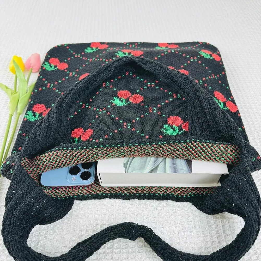 Women Crochet Tote Handbag Cherry Printed Knitting Shoulder Bag Contrast Color Travel Shopping Handbag Ladies Daily