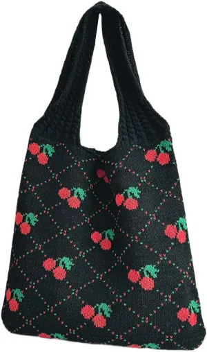 Women Crochet Tote Handbag Cherry Printed Knitting Shoulder Bag Contrast Color Travel Shopping Handbag Ladies Daily