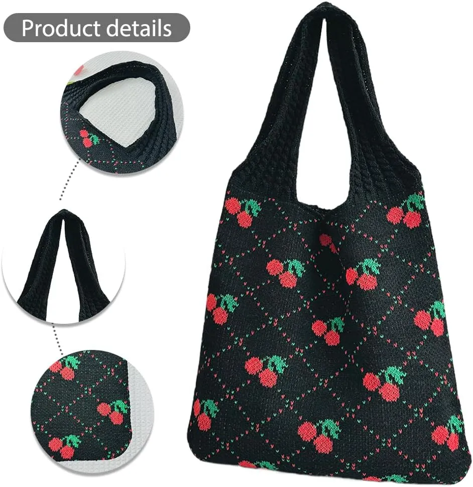 Women Crochet Tote Handbag Cherry Printed Knitting Shoulder Bag Contrast Color Travel Shopping Handbag Ladies Daily