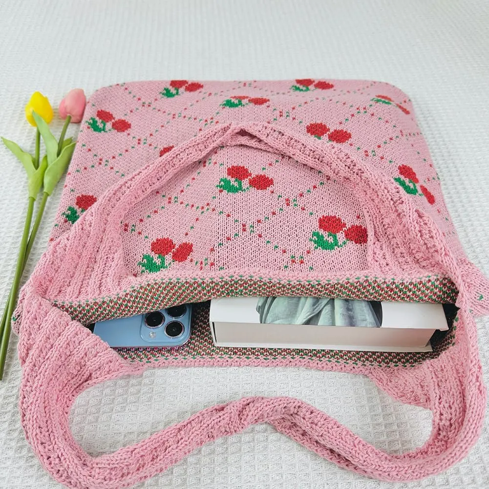 Women Crochet Tote Handbag Cherry Printed Knitting Shoulder Bag Contrast Color Travel Shopping Handbag Ladies Daily