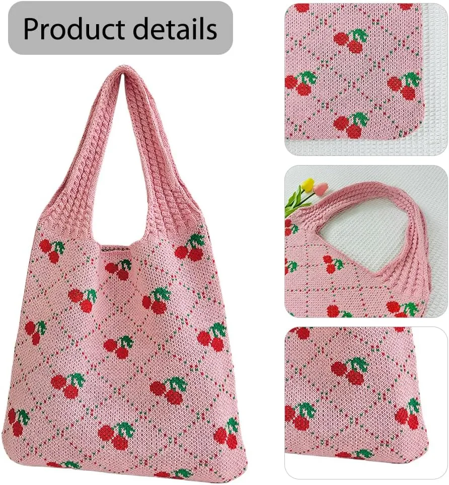 Women Crochet Tote Handbag Cherry Printed Knitting Shoulder Bag Contrast Color Travel Shopping Handbag Ladies Daily