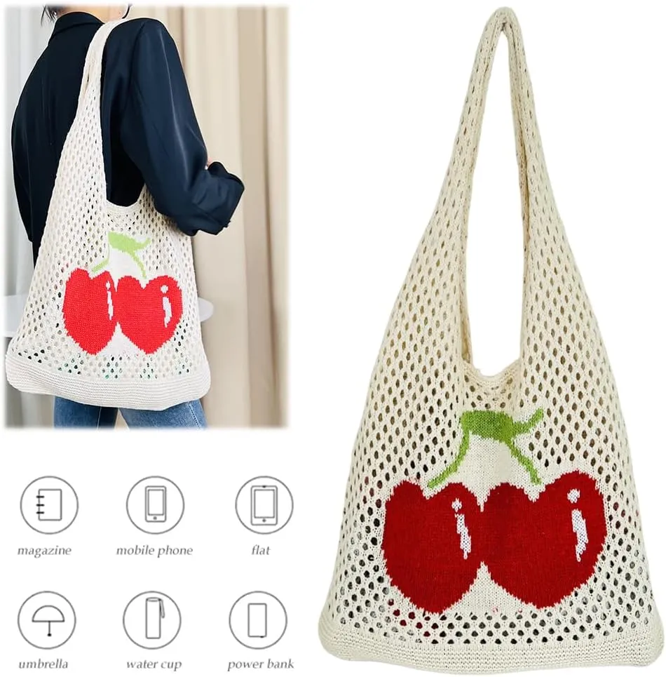 Women Cute Shoulder Bag Cherry Printed Knitting Shoulder Bag Large Capacity Travel Shopping Handbag Ladies Daily Han