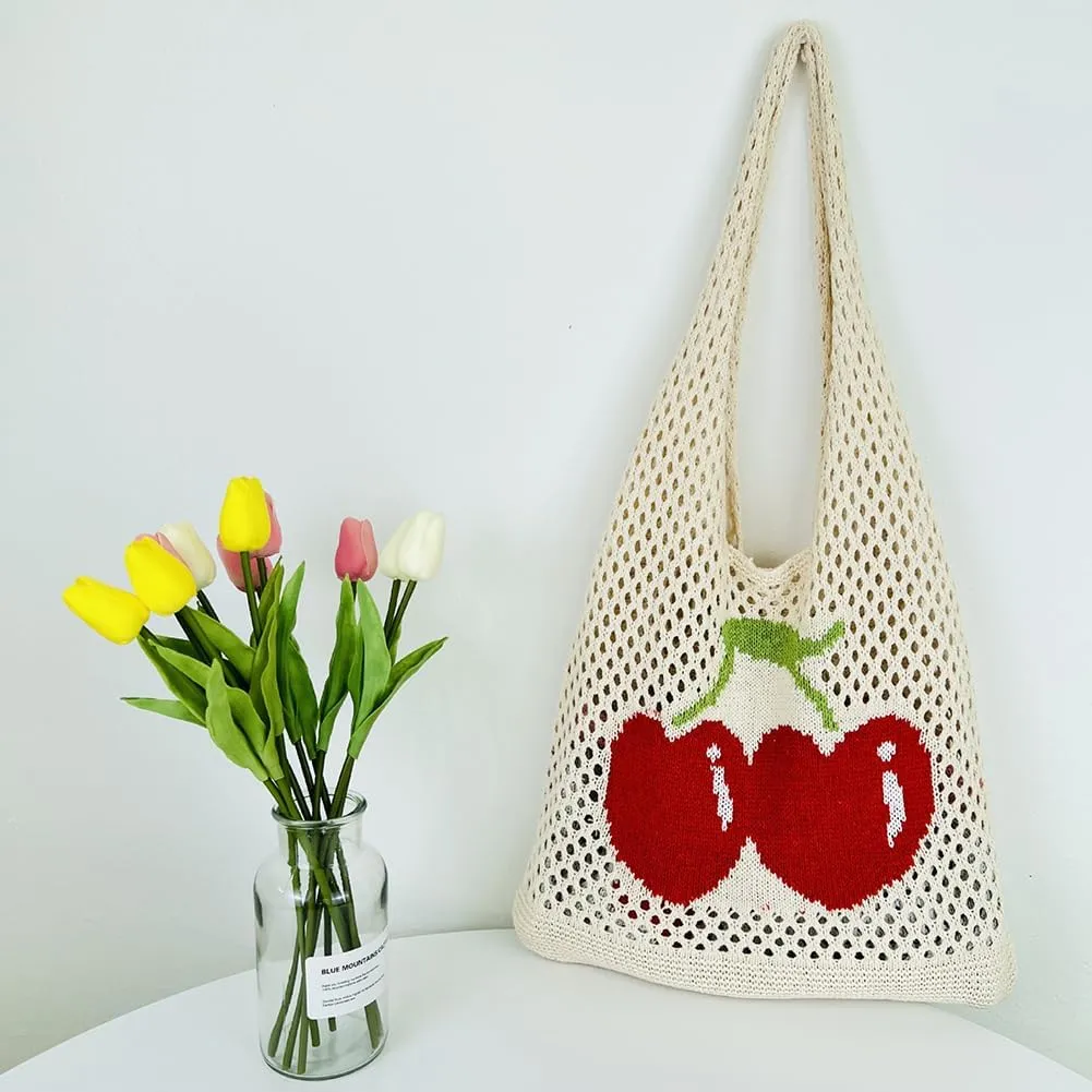 Women Cute Shoulder Bag Cherry Printed Knitting Shoulder Bag Large Capacity Travel Shopping Handbag Ladies Daily Han
