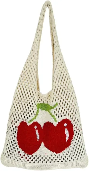 Women Cute Shoulder Bag Cherry Printed Knitting Shoulder Bag Large Capacity Travel Shopping Handbag Ladies Daily Han