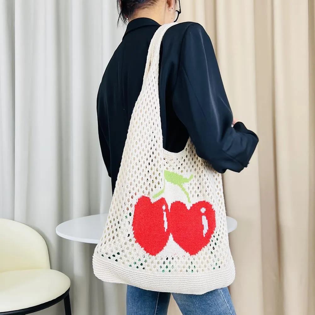 Women Cute Shoulder Bag Cherry Printed Knitting Shoulder Bag Large Capacity Travel Shopping Handbag Ladies Daily Han