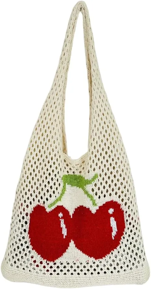 Women Cute Shoulder Bag Cherry Printed Knitting Shoulder Bag Large Capacity Travel Shopping Handbag Ladies Daily Han