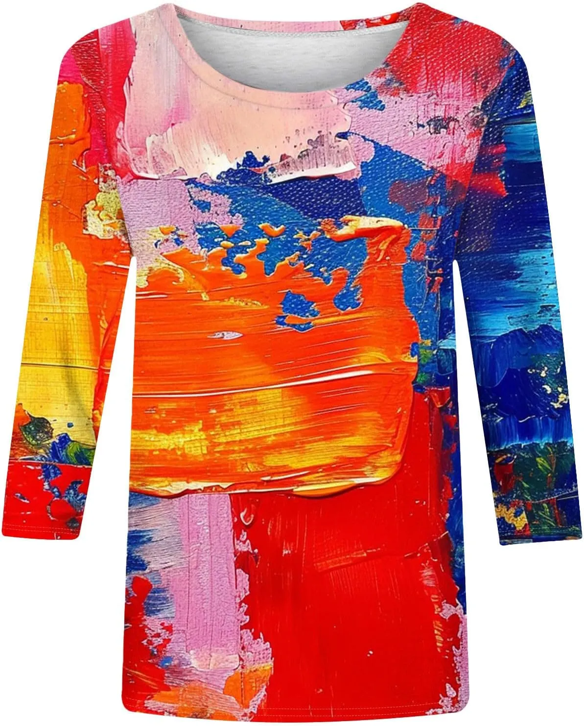 Women Fashion Printed T Shirt 3/4 Sleeves Round Neck Casual Tops Blouse Gradient Color Block Tunics T-Shirts