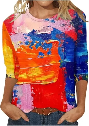 Women Fashion Printed T Shirt 3/4 Sleeves Round Neck Casual Tops Blouse Gradient Color Block Tunics T-Shirts