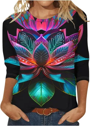 Women Fashion Printed T Shirt 3/4 Sleeves Round Neck Casual Tops Blouse Gradient Color Block Tunics T-Shirts