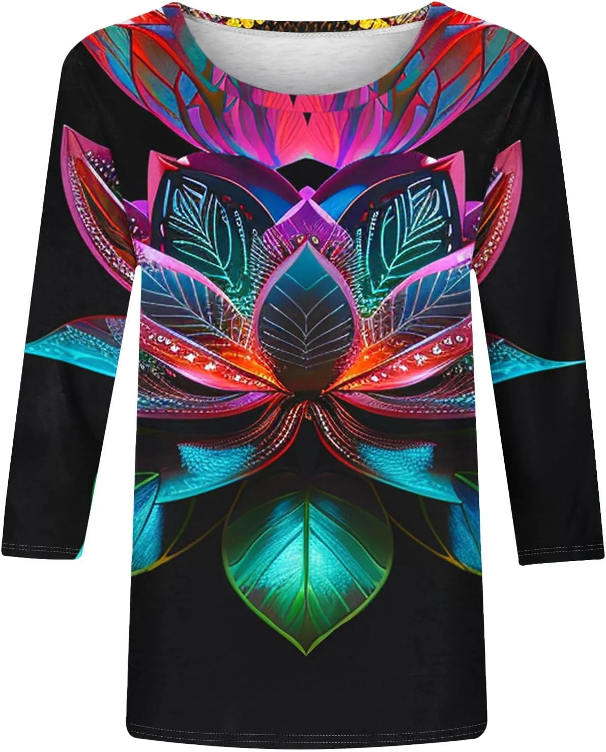 Women Fashion Printed T Shirt 3/4 Sleeves Round Neck Casual Tops Blouse Gradient Color Block Tunics T-Shirts