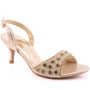 Women “FIA” Studs Decorated Shimmer Kitten Heel Buckle Closure Sandals