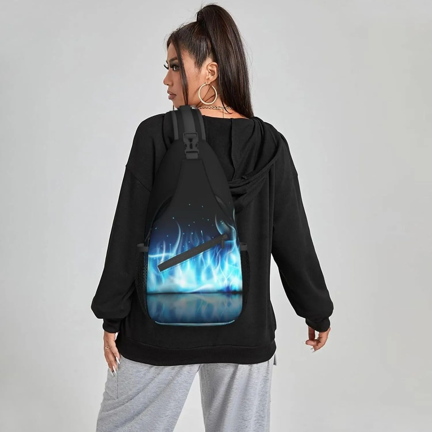 Women Fire Blue Flames Abstract Crossbody Sling Backpack for Men Chest Bag Shoulder Bag Lightweight One Strap Backpack Travel Outdoor Daypack