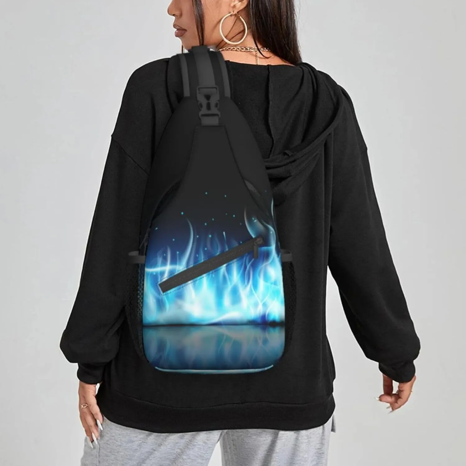 Women Fire Blue Flames Abstract Crossbody Sling Backpack for Men Chest Bag Shoulder Bag Lightweight One Strap Backpack Travel Outdoor Daypack