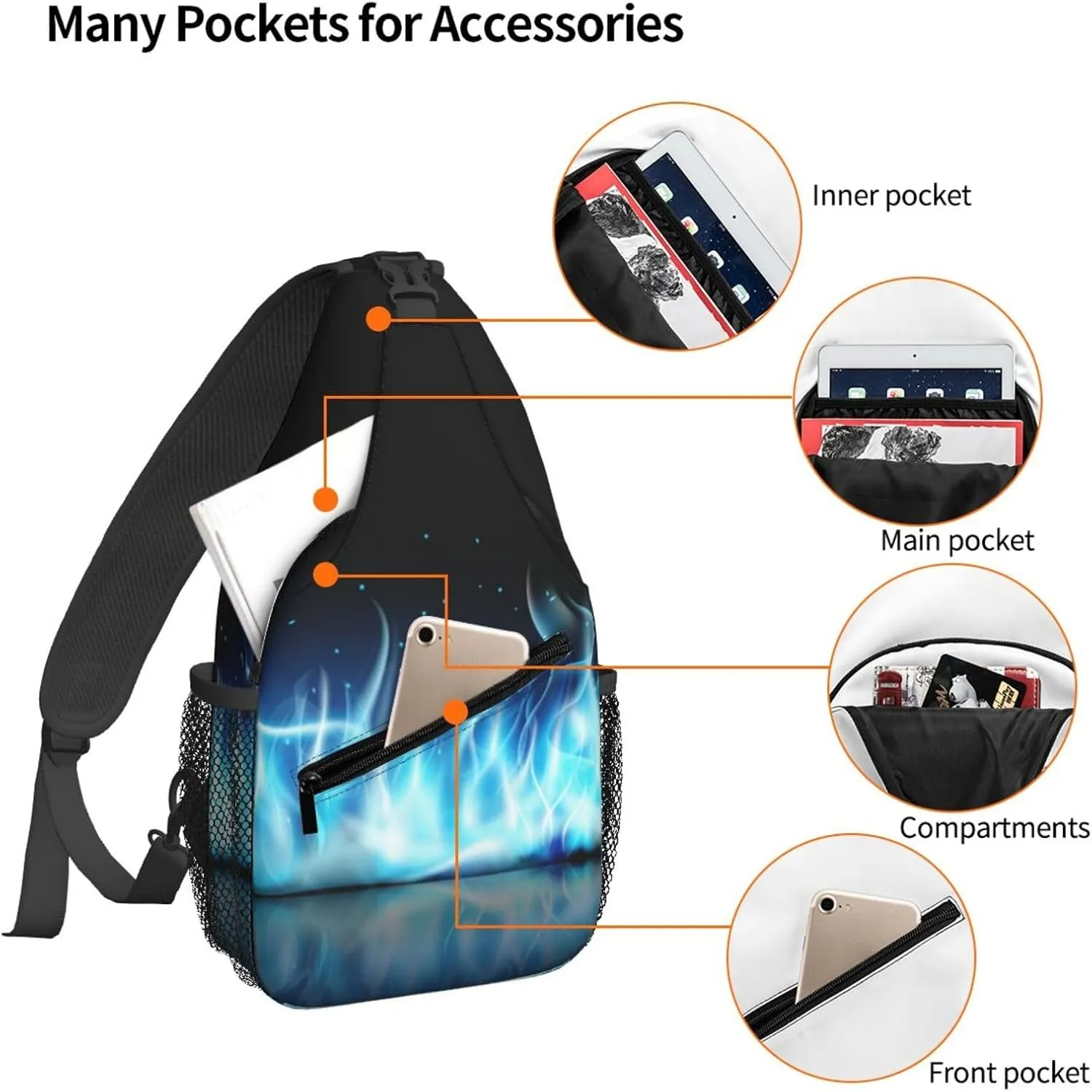 Women Fire Blue Flames Abstract Crossbody Sling Backpack for Men Chest Bag Shoulder Bag Lightweight One Strap Backpack Travel Outdoor Daypack