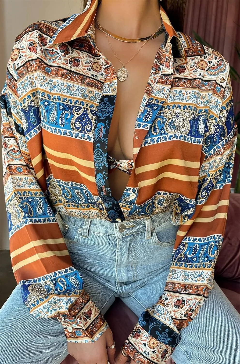 Women Floral Printed Blouse Shirts Long Sleeve Button Down V Neck Lapel Crop Tops Vintage Aesthetic Streetwear