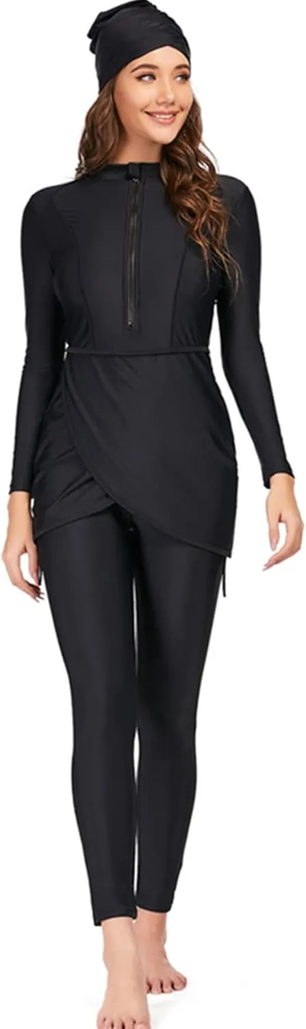 Women Full Covered Swimwear Modest Muslim Swimsuits 3 Pieces Islamic Long Sleeve Burkini with Swimming Cap