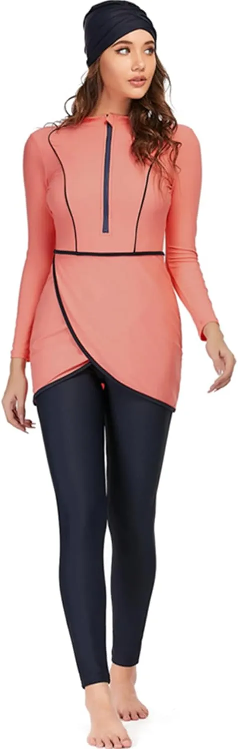 Women Full Covered Swimwear Modest Muslim Swimsuits 3 Pieces Islamic Long Sleeve Burkini with Swimming Cap